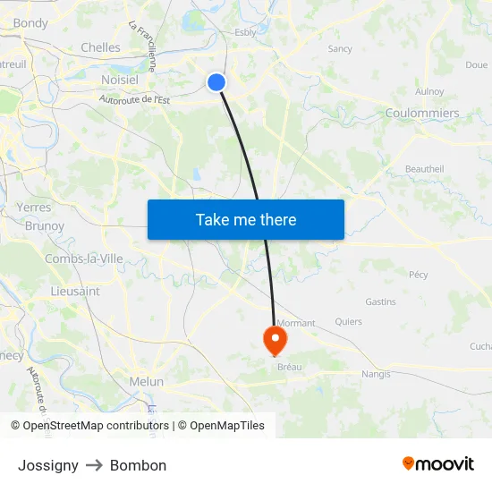 Jossigny to Bombon map