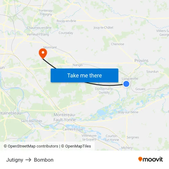 Jutigny to Bombon map