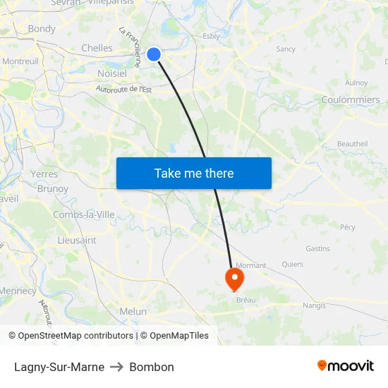 Lagny-Sur-Marne to Bombon map