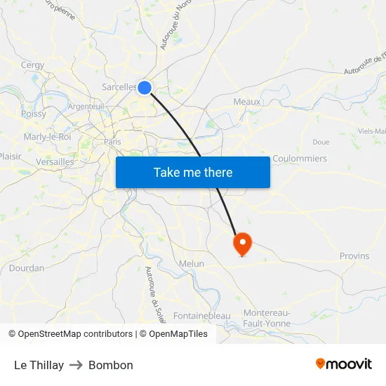 Le Thillay to Bombon map