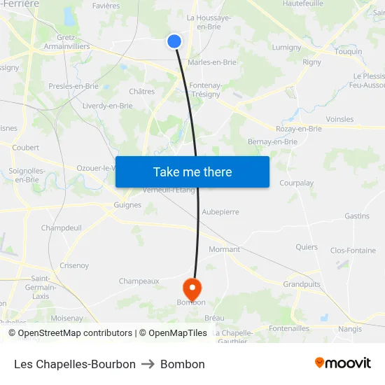 Les Chapelles-Bourbon to Bombon map