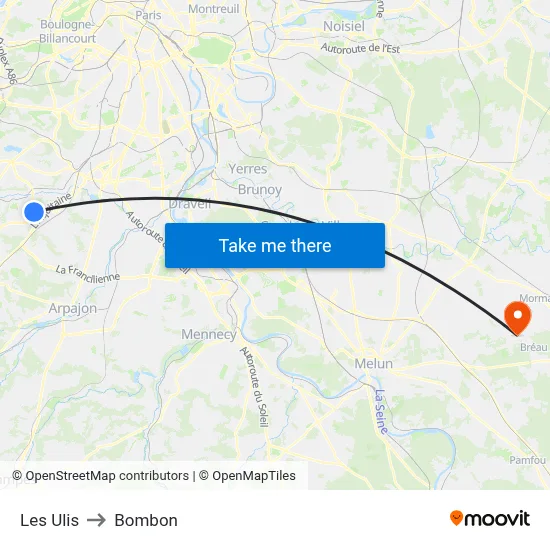 Les Ulis to Bombon map