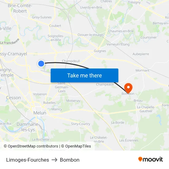 Limoges-Fourches to Bombon map