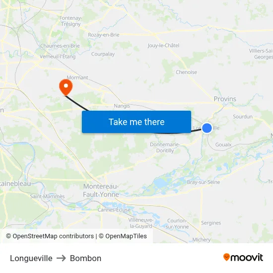 Longueville to Bombon map