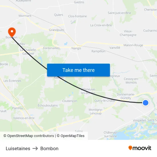 Luisetaines to Bombon map