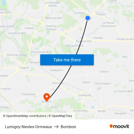 Lumigny-Nesles-Ormeaux to Bombon map