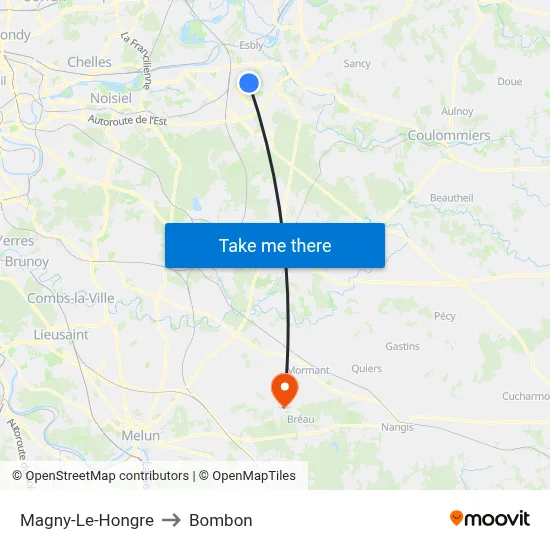 Magny-Le-Hongre to Bombon map