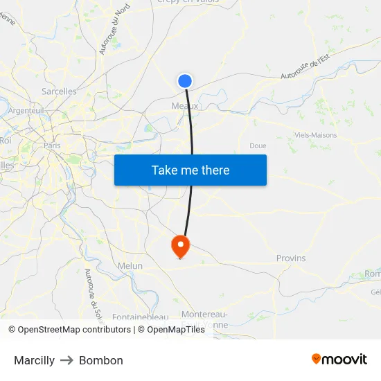 Marcilly to Bombon map