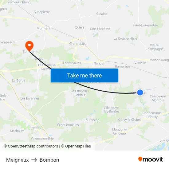 Meigneux to Bombon map