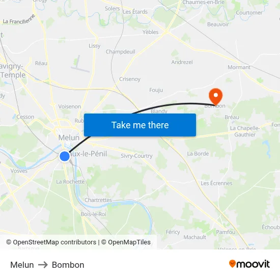 Melun to Bombon map