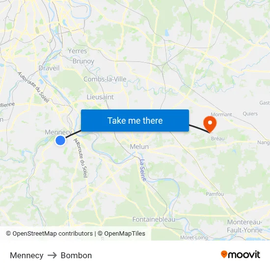 Mennecy to Bombon map