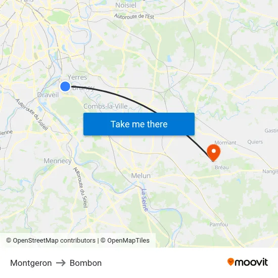 Montgeron to Bombon map