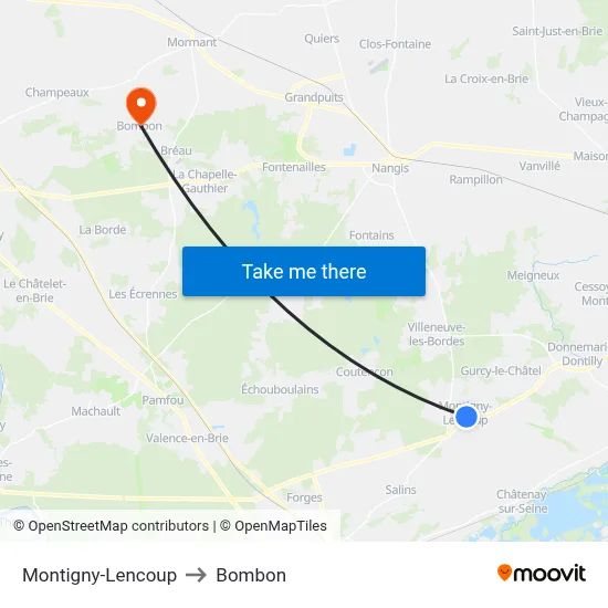 Montigny-Lencoup to Bombon map