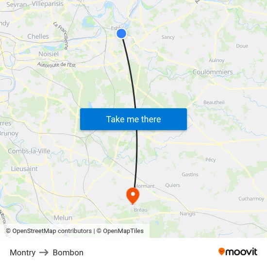 Montry to Bombon map