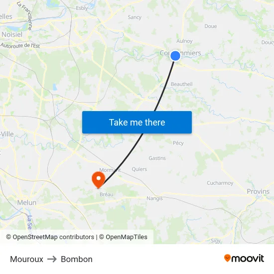 Mouroux to Bombon map