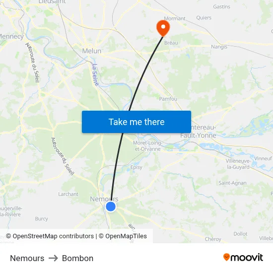 Nemours to Bombon map