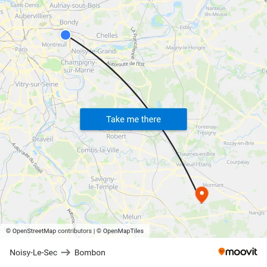 Noisy-Le-Sec to Bombon map