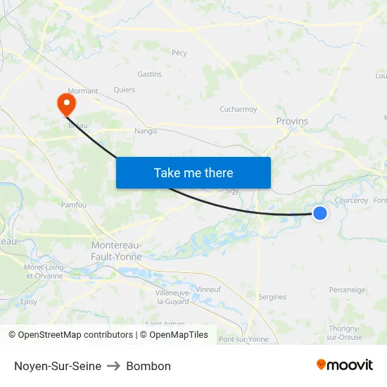 Noyen-Sur-Seine to Bombon map
