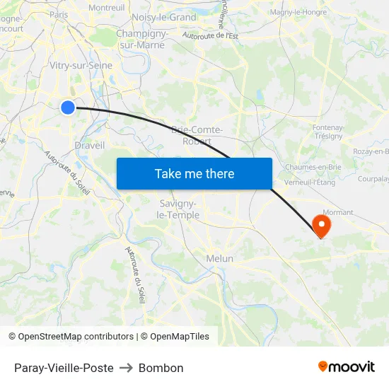 Paray-Vieille-Poste to Bombon map