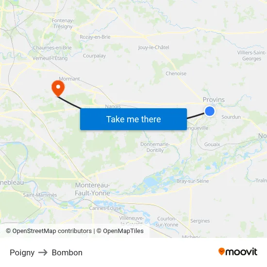 Poigny to Bombon map
