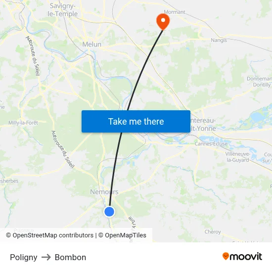 Poligny to Bombon map