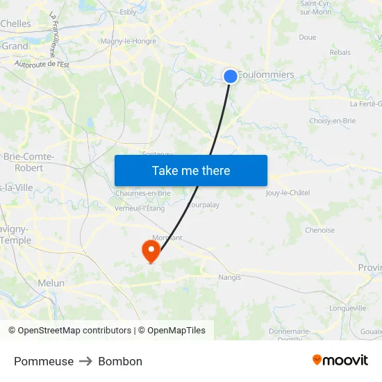 Pommeuse to Bombon map