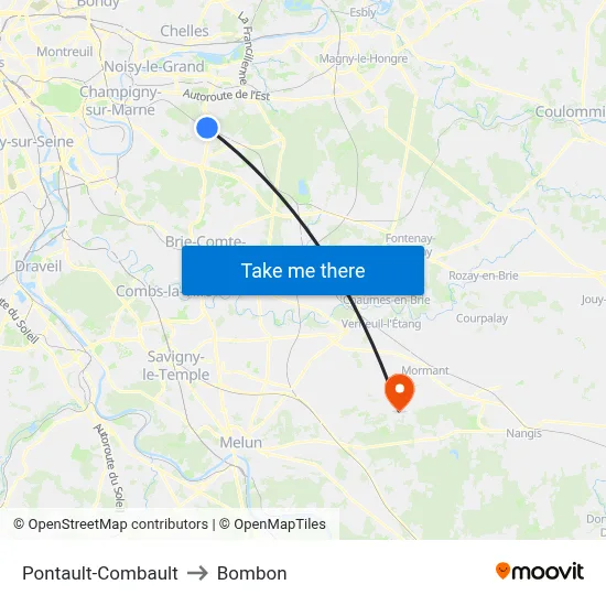 Pontault-Combault to Bombon map