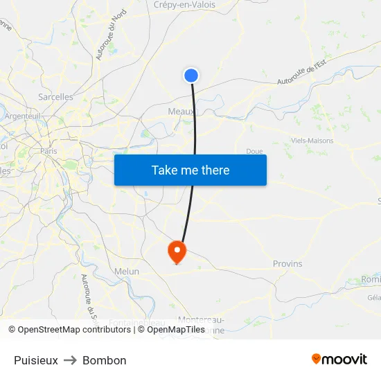 Puisieux to Bombon map