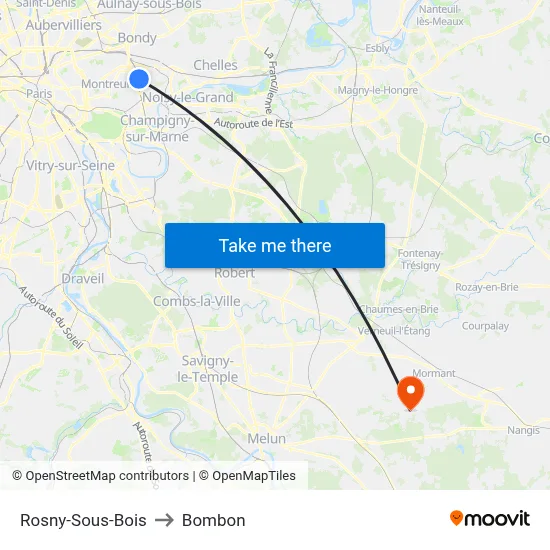 Rosny-Sous-Bois to Bombon map
