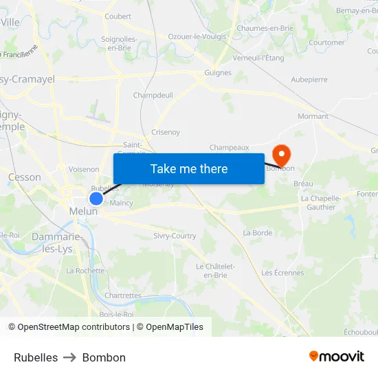 Rubelles to Bombon map