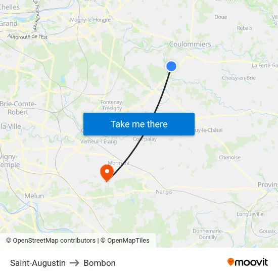 Saint-Augustin to Bombon map