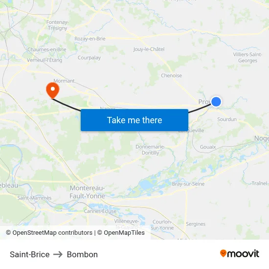 Saint-Brice to Bombon map
