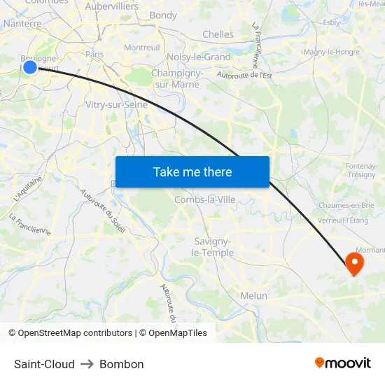 Saint-Cloud to Bombon map
