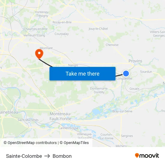 Sainte-Colombe to Bombon map