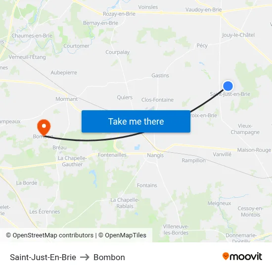 Saint-Just-En-Brie to Bombon map