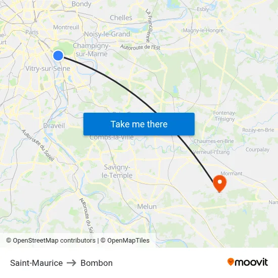 Saint-Maurice to Bombon map