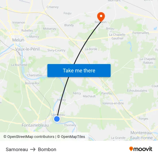 Samoreau to Bombon map