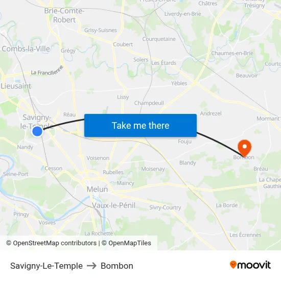 Savigny-Le-Temple to Bombon map