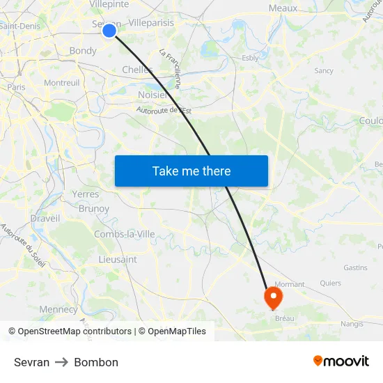 Sevran to Bombon map