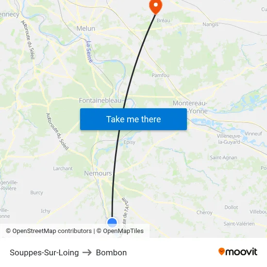 Souppes-Sur-Loing to Bombon map