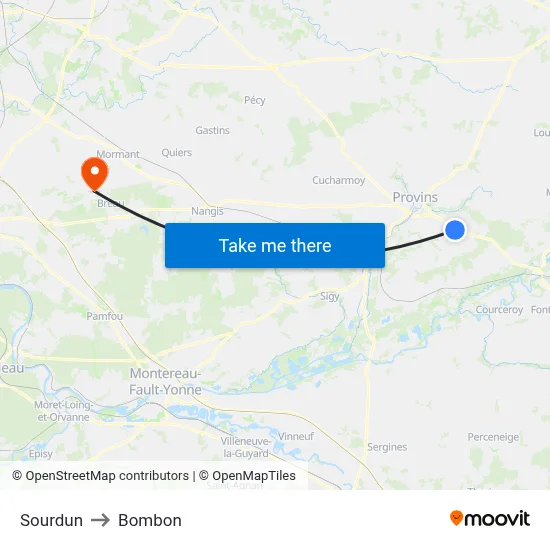 Sourdun to Bombon map