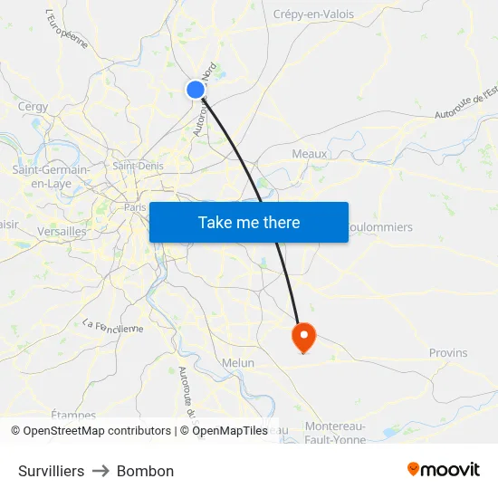 Survilliers to Bombon map