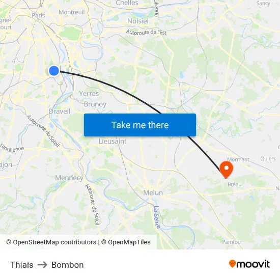 Thiais to Bombon map