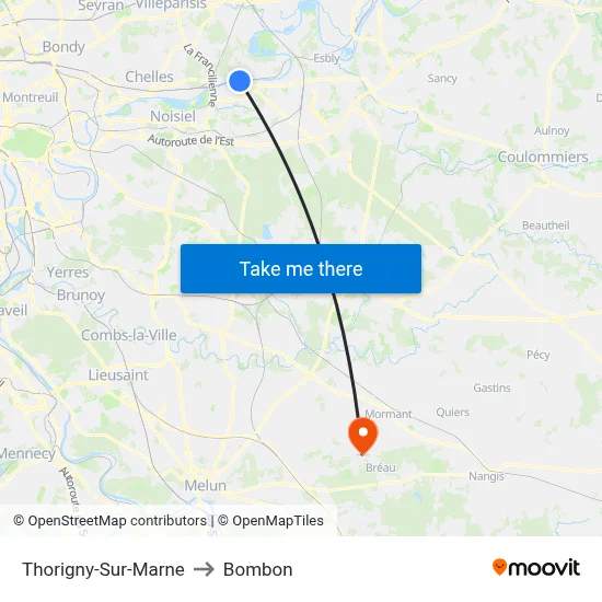 Thorigny-Sur-Marne to Bombon map