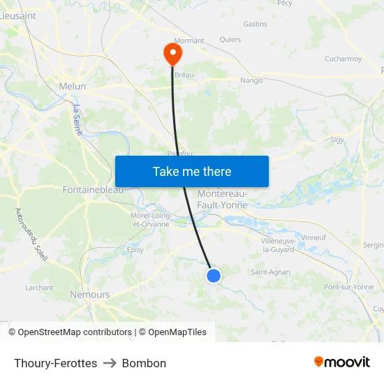 Thoury-Ferottes to Bombon map
