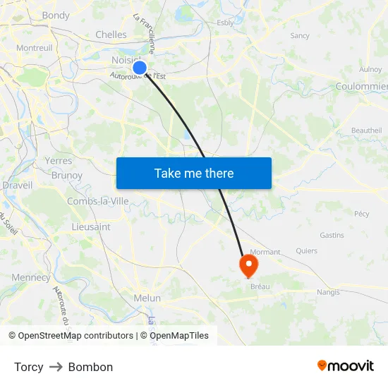 Torcy to Bombon map