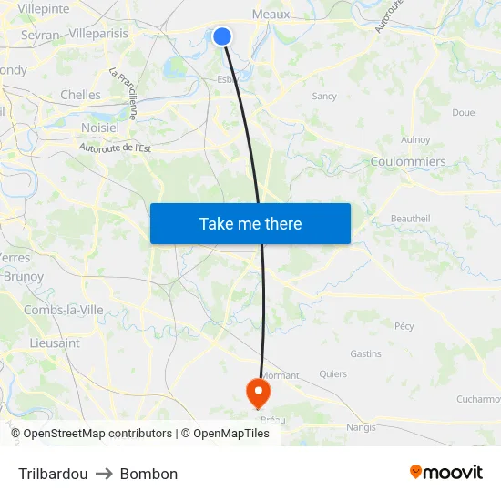 Trilbardou to Bombon map