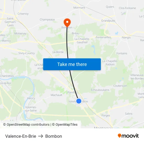 Valence-En-Brie to Bombon map