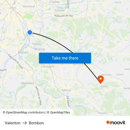 Valenton to Bombon map