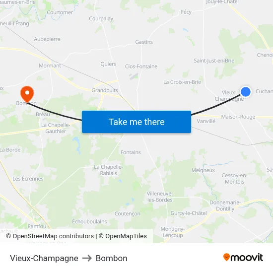 Vieux-Champagne to Bombon map